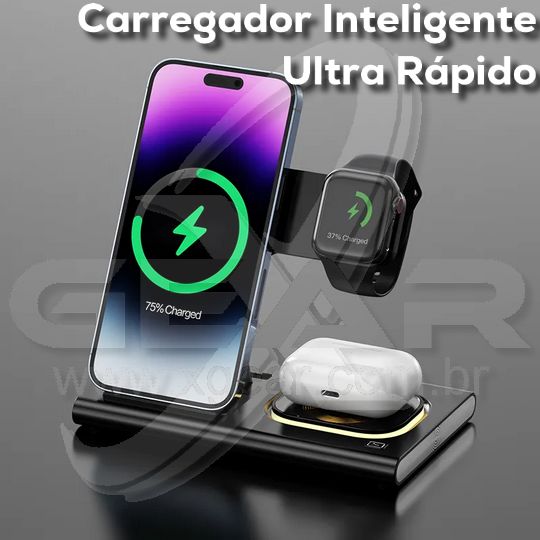 Carregamento Inteligente: Estação 3 em 1 Ultra Rápida para iPhone e Samsung