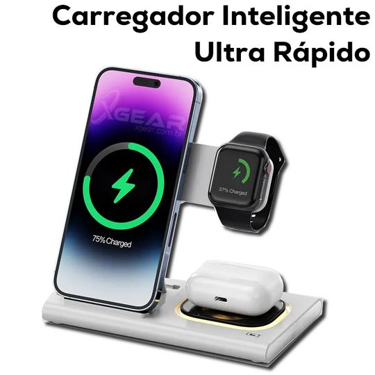 Carregamento Inteligente: Estação 3 em 1 Ultra Rápida para iPhone e Samsung