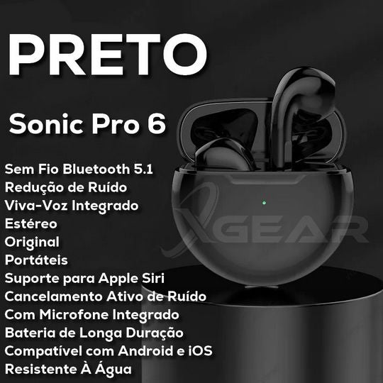 Sonic Pro 6 Fones de Ouvido Sem Fio TWS Bluetooth Mini Pods